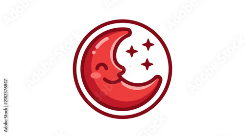 Red crescent moon with smiling face character.