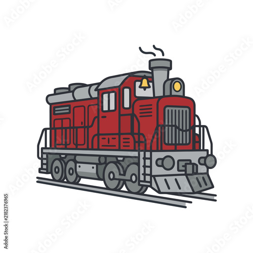 Red diesel locomotive train on railway tracks.