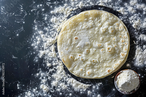 Round wheat tortilla flatbread with flour sprinkled on dark background top view