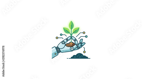Robot hand holding green growing plant sprout.