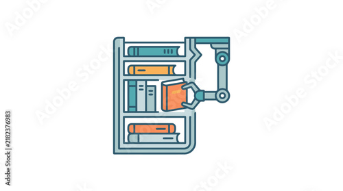 Robotic arm organizing books on library shelf.