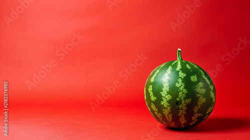 Whole fresh green striped watermelon on bright red background with copy space