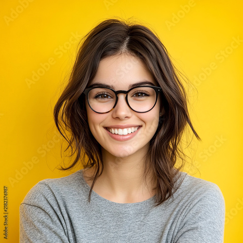 Portrait of happy smiling young woman wearing eyeglasses on yellow background