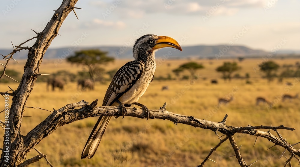 Fototapeta premium Yellow-billed Hornbill in African Savanna