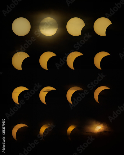 Eclipse of Sun, August 12, 2026. The sun is a gold dish in the sky gradually covered by the moon.
