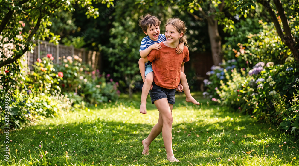 Fototapeta premium Happy teenage girl giving piggyback ride to her little brother outdoors