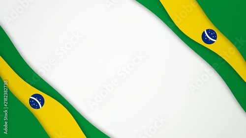 Patriotic abstract background inspired by the Brazil flag: flowing ribbon paper cut layers in green and yellow with balanced 30 40 30 ribbon volumes and a blue celestial globe badge with white band an