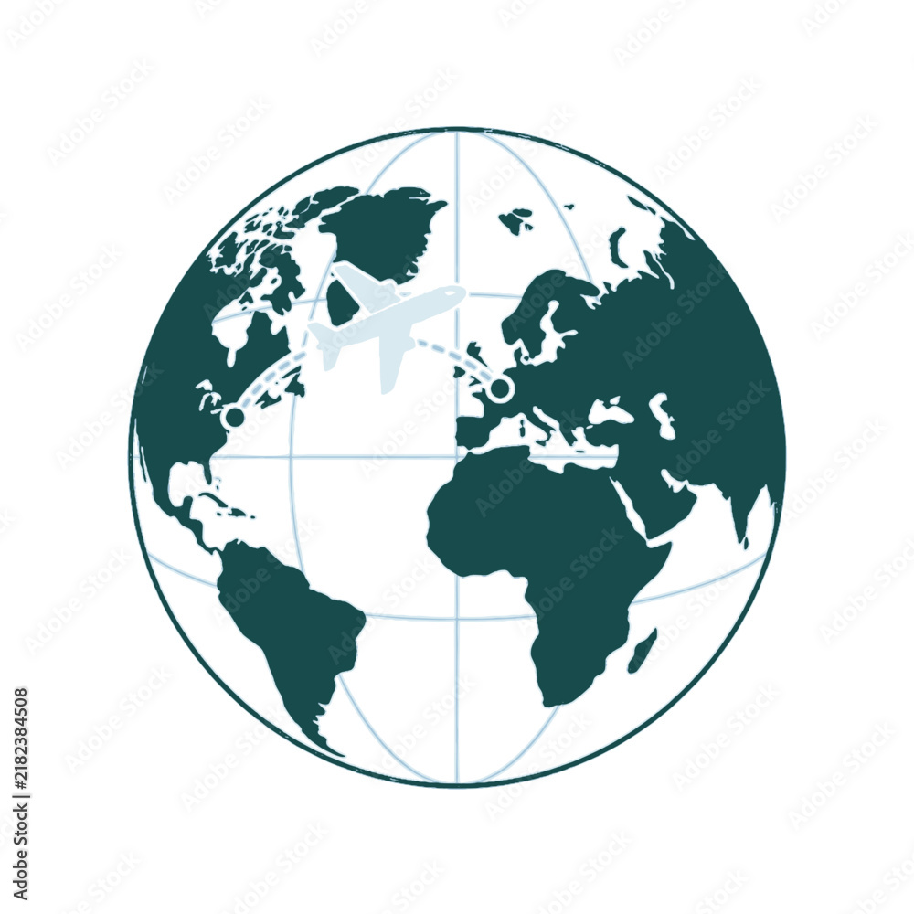 Obraz premium A commercial globe featuring a transatlantic flight path connecting continents showing international travel routes for business and tourism logistics planning across the world map with teal