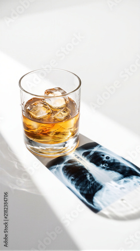 Glass of whiskey casting an X-ray shadow, conceptual 3D render representing internal organ damage and alcohol abuse on a clean background.