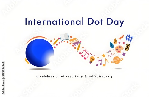 International dot day creative composition with blue circle and colorful educational icons on white background self discovery artistic design