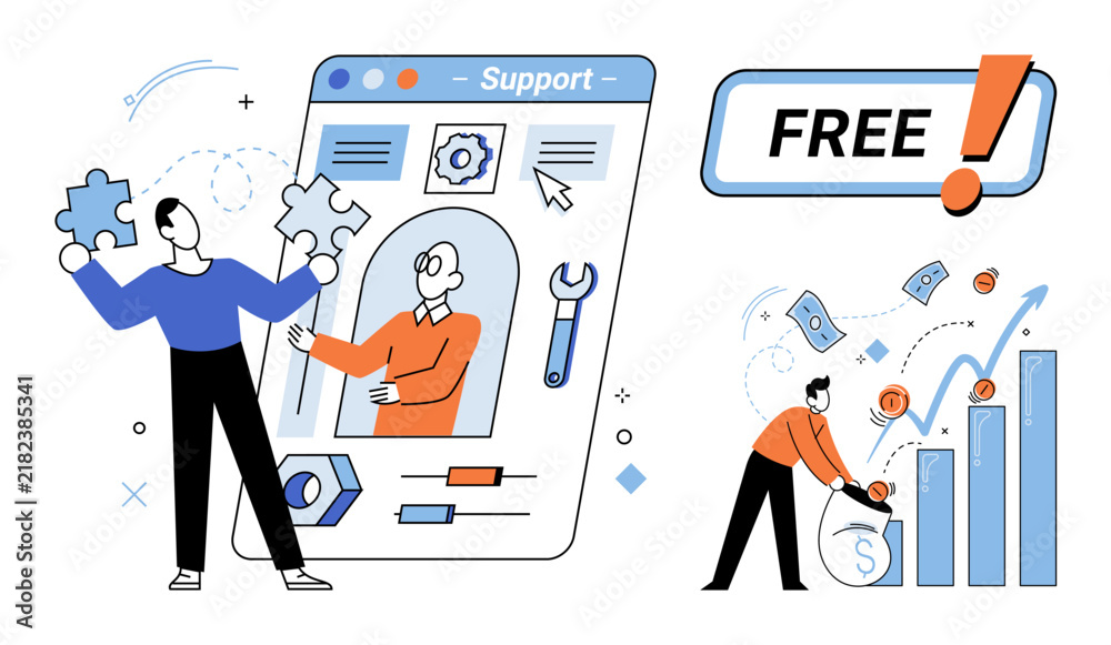 Obraz premium People solving technical problems and managing financial growth vector illustration. Customer service, business strategy, digital support, investment, profit, success. Users fixing software
