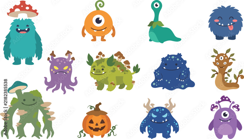Obraz premium Cute Fantasy Forest Monsters and Mushroom Creature Characters Flat Vector Icon Set