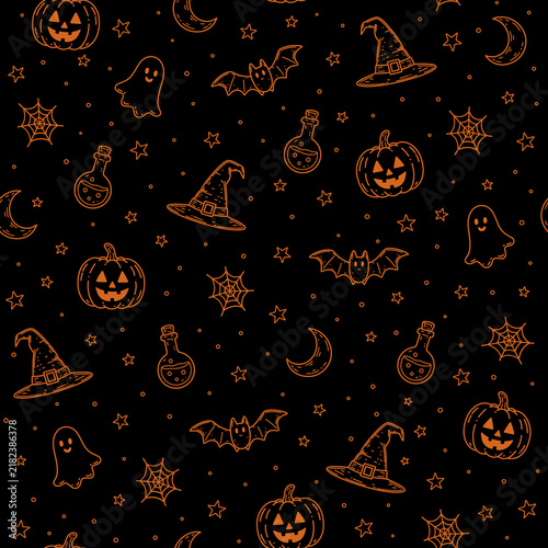 Halloween Seamless Pattern with Orange Outline Pumpkin Ghost Bat Witch Hat Potion Moon and Spider Web on Black Background