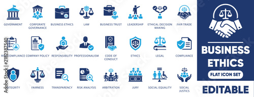 Business ethics and corporate governance icon set. featuring legal compliance, code of conduct, risk compliance, and integrity symbols.