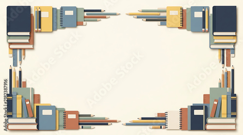 A flatlay of a rectangular frame made from stacks of colorful notebooks, books, and pencils, arranged in the four corners of a light beige background, leaving a large empty center space