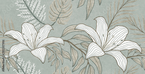 Vintage photo wallpaper with branches and birds on green background. Design for wallpaper, photo wallpaper, fresco seamless background with lilies