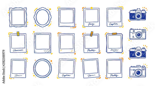 Drawn collection of picture frames and cameras isolated on transparent background