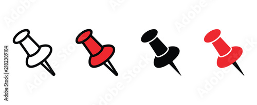 Push Pin Icon Set, Thumbtack and Location Pin Symbols for Office, Planning, Notes, Maps and Digital Interface Design