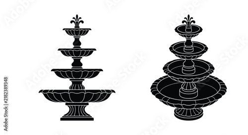 Tiered fountain silhouettes display classic architectural design on a white background architecture