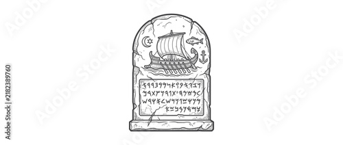 Obraz na plátne Ancient stone monument with ship carving and inscription