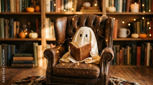 Cute little ghost wearing a white sheet reading an old book while sitting in a vintage brown leather wingback armchair in a cozy library with bookshelves, pumpkins, and warm fairy lights.