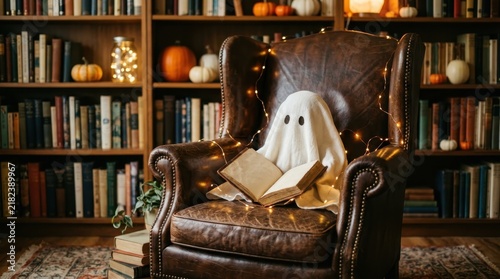 Cute little ghost sitting in a brown leather armchair reading an open vintage book in a cozy library decorated with autumn pumpkins and warm fairy lights for Halloween