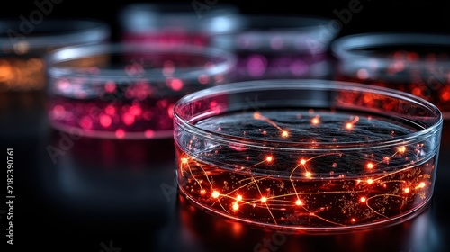Petri dishes filled with glowing compounds showcase scientific research and innovative biotechnology experiments, highlighting the future of medical advancements