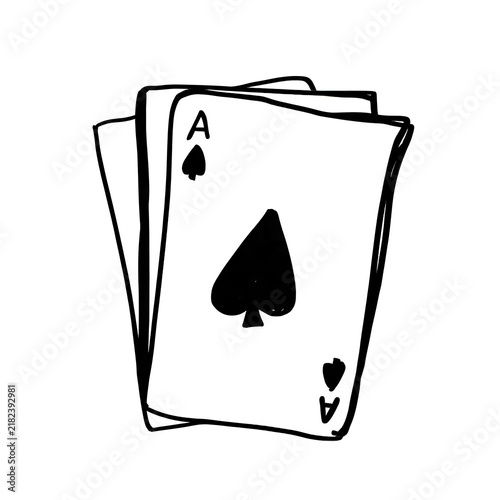 Hand drawn sketch of four stacked playing cards with ace of spades on white background