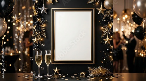 Blank vertical picture frame mockup with champagne glasses and festive party decorations.