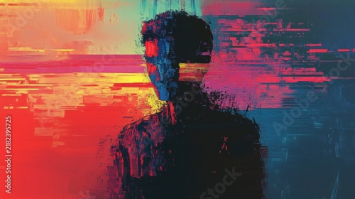 Distorted human silhouette with vibrant, glitching colors