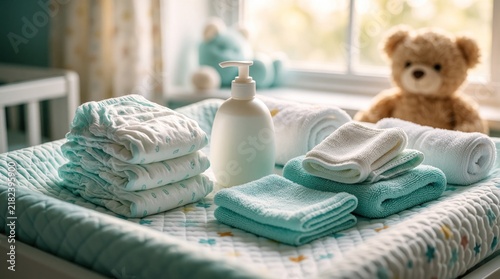 Neatly arranged baby diaper change essentials include stacked diapers, lotion, and soft washcloths. A fluffy teddy bear sits in the background near a window.