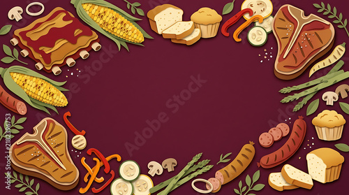 Flat lay of grilled t-bone steaks, corn on the cob, sausages, asparagus, sliced bread, and mushrooms on a deep maroon background