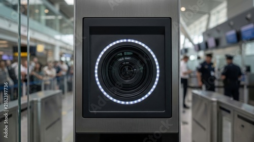 Obraz na płótnie Biometric face recognition camera scanner at airport security checkpoint