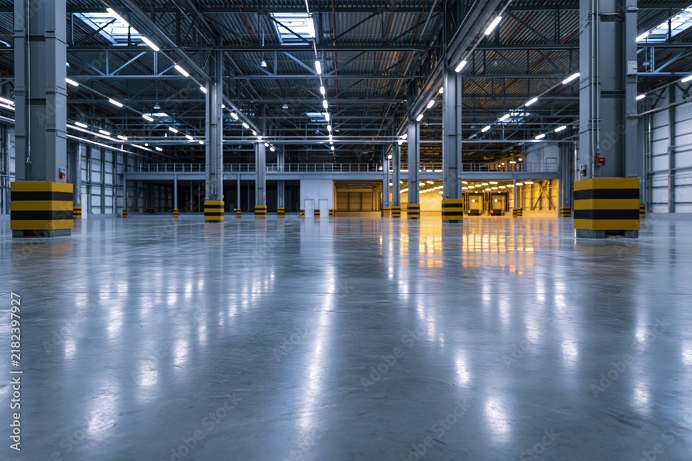 Obraz premium The Empty Warehouse Interior with Reflective Concrete Floor and Industrial Beams