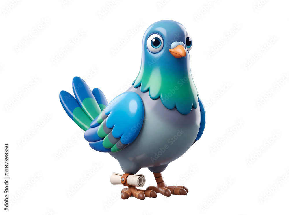 Fototapeta premium Cute 3d cartoon carrier pigeon bird with scroll