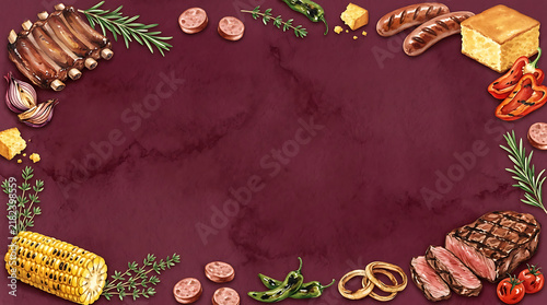 Hand drawn of barbecue food including ribs, steak, corn on the cob, sausages, peppers, onions, and herbs arranged as a border on a dark purple watercolor texture background, for menu