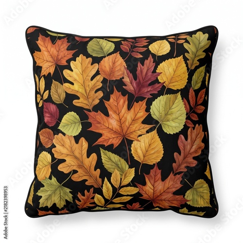 Black Autumn Foliage Pattern Square Decorative Throw Pillow Cozy Decor.