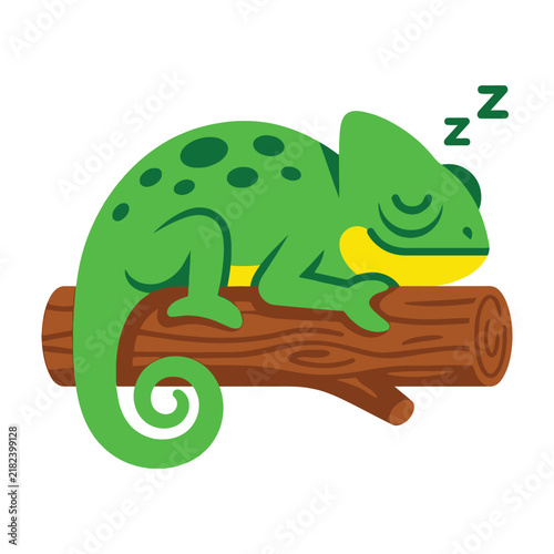 Sleeping green chameleon on a brown tree branch cartoon illustration