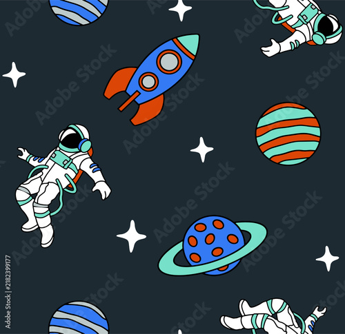 Astronauts and rockets float in a dark starry space with planets and nebulae for children's textile patterns