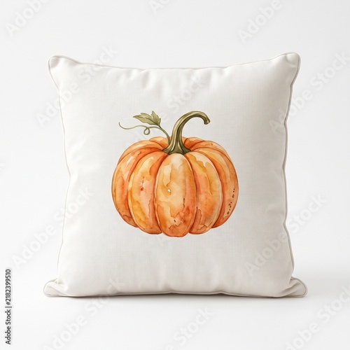 Clean White Pillow Cushion Centered Autumn Pumpkin Illustration Home Decor.