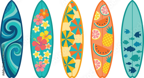 Photography Colorful Decorative Surfboard Collection with Ocean Waves Flowers Tropical Fruit