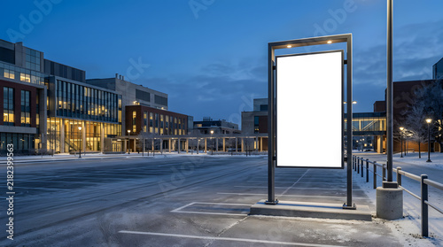 Blank vertical billboard mockup in winter city plaza at dusk