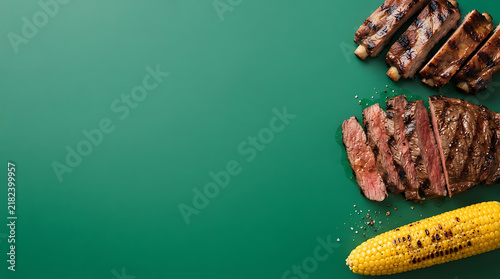 Sliced grilled steak, rack of ribs, and a single ear of roasted corn on the cob arranged on the right side of a solid dark green background, with scattered coarse salt, angle food