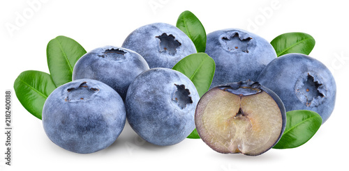blueberries with green leaf isolated on white background. macro. clipping path