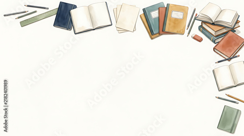 Watercolor of school and office supplies arranged along the and right edges, featuring open books, notebooks, pencils, and rulers on a plain white background, with copy space