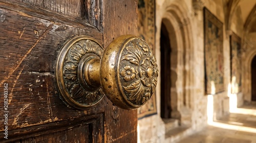 Ornate vintage bronze door knob on old wooden entrance of historic church corridor.