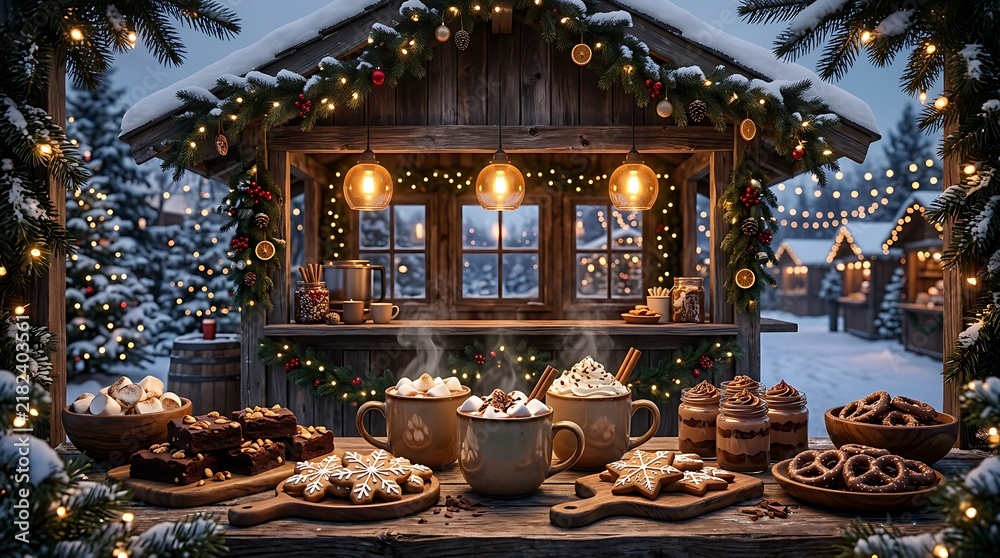 Fototapeta premium Hot chocolate and gingerbread at snowy christmas market stall