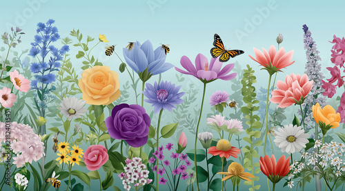 Colorful illustrated flower garden with butterflies and bees among blooming roses and wildflowers