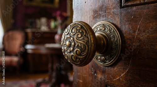 Vintage Ornate Brass Doorknob on an Antique Wooden Door.