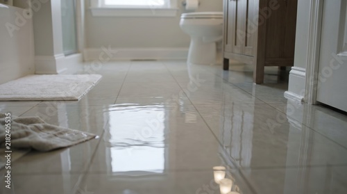 Bathroom floor with water pooling on glossy tiles, featuring a white toilet, wooden cabinet, and a bath mat, illuminated by natural light from a nearby window